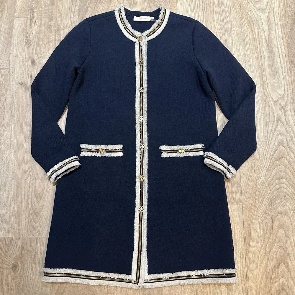 Tory Burch Wool Kendra Fringe Trimmed Sweater Coat Navy Sz M Heavy Weight Preppy